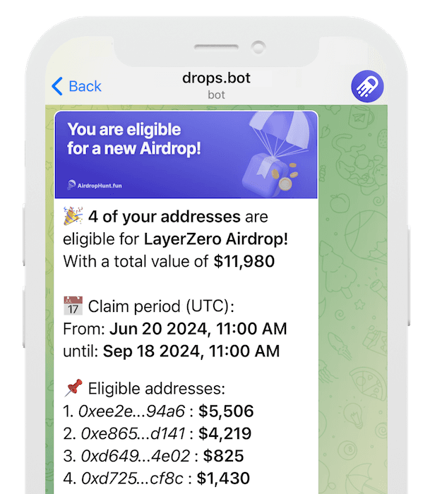 Phone showing Telegram alerts from the Drops Telegram bot